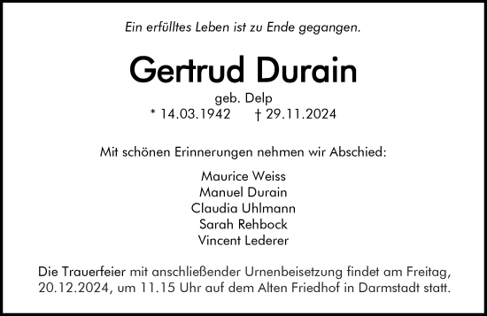 Traueranzeige von Gertrud Durain von Darmstädter Echo