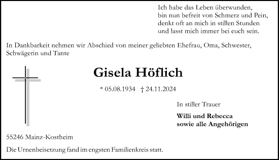 Traueranzeige von Gisela Höflich von Allgemeine Zeitung Mainz