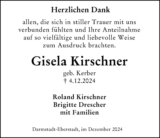 Traueranzeige von Gisela Kirschner von Darmstädter Echo