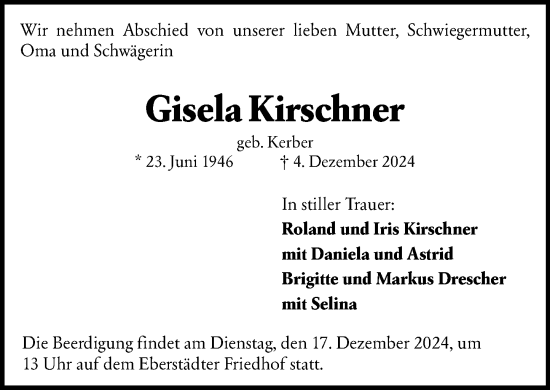 Traueranzeige von Gisela Kirschner von Darmstädter Echo