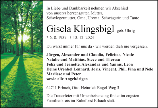 Traueranzeige von Gisela Klingsbigl von Odenwälder Echo