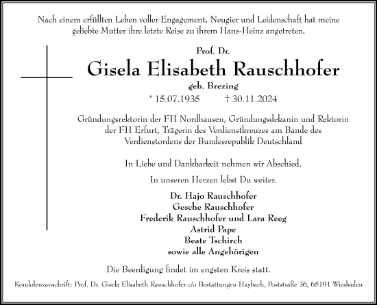 Traueranzeige von Gisela Rauschhofer von Wiesbadener Kurier