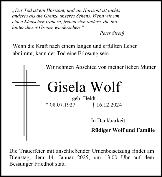 Traueranzeige von Gisela Wolf von Darmstädter Echo