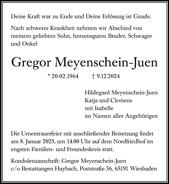 Traueranzeige von Gregor Meyenschein-Juen von Wiesbadener Kurier