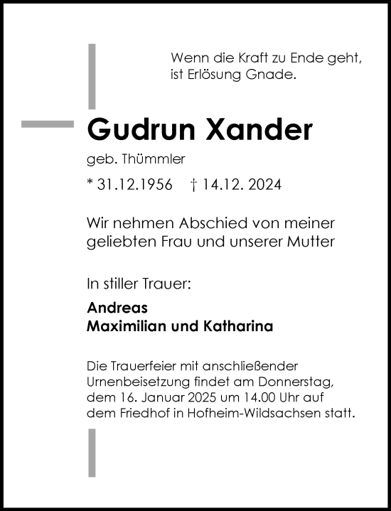 Traueranzeige von Gudrun Xander von Wiesbadener Kurier