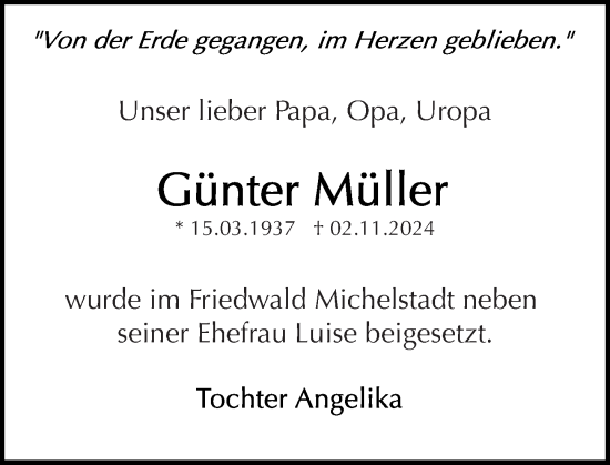 Traueranzeige von Günter Müller von Odenwälder Echo