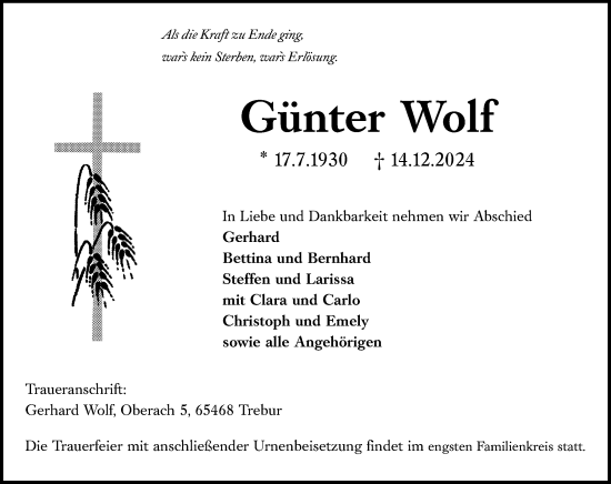 Traueranzeige von Günter Wolf von Groß-Gerauer Echo