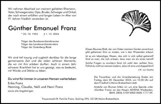 Traueranzeige von Günther Emanuel Franz von Allgemeine Zeitung Mainz