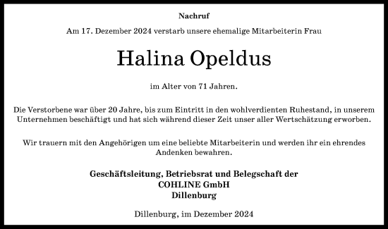 Traueranzeige von Halina Opeldus von Dill Block