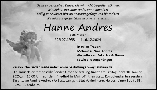 Traueranzeige von Hanne Andres von Allgemeine Zeitung Mainz