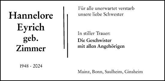 Traueranzeige von Hannelore Eyrich von Allgemeine Zeitung Mainz