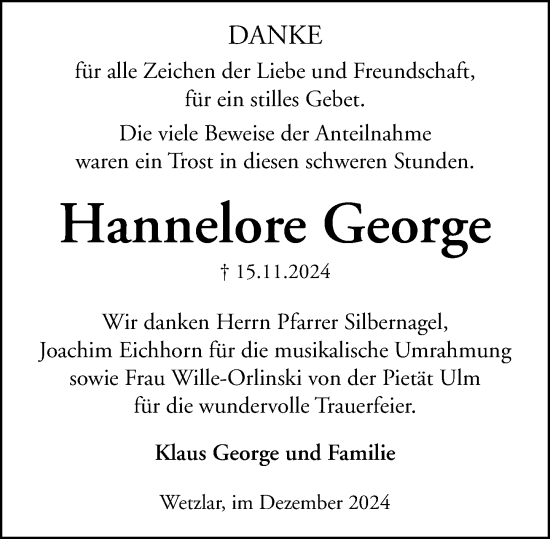 Traueranzeige von Hannelore George von Wetzlarer Neue Zeitung