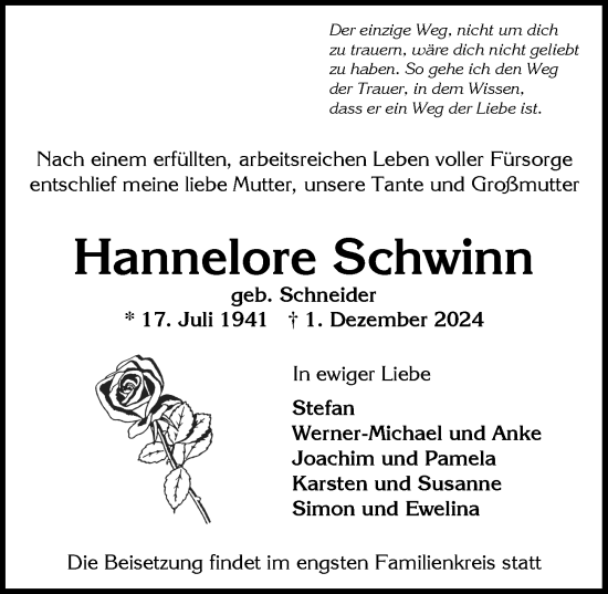 Traueranzeige von Hannelore Schwinn von Wiesbadener Kurier