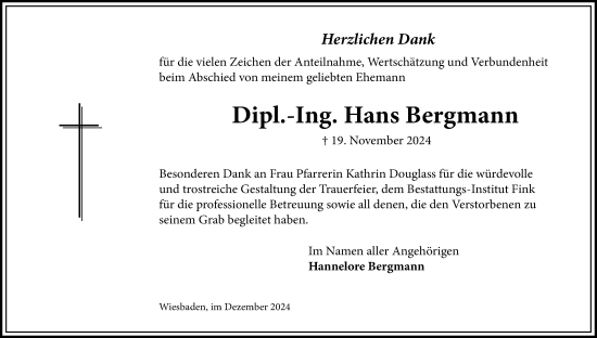 Traueranzeige von Hans Bergmann von Wiesbadener Kurier