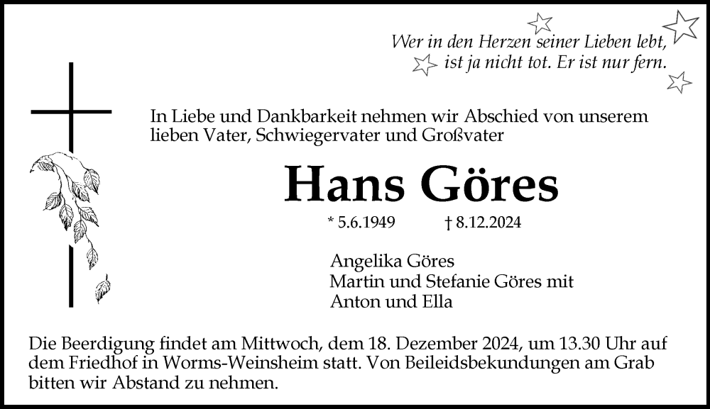  Traueranzeige für Hans Göres vom 14.12.2024 aus Wormser Zeitung