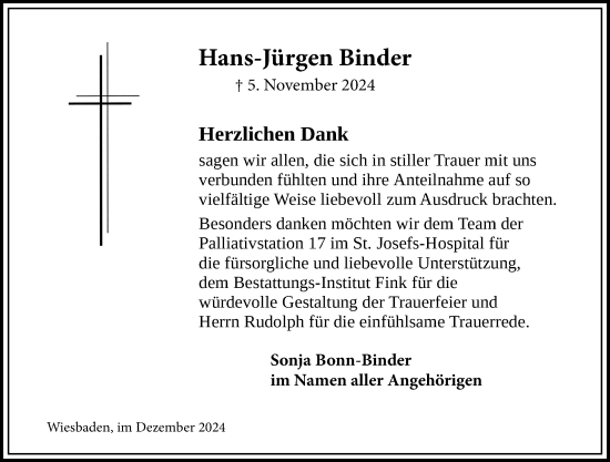 Traueranzeige von Hans-Jürgen Binder von Wiesbadener Kurier