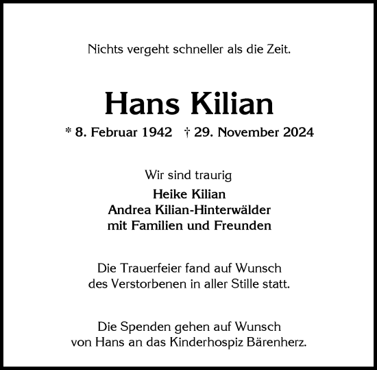 Traueranzeige von Hans Kilian von Wiesbadener Kurier