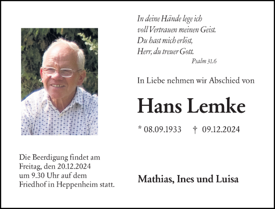 Traueranzeige von Hans Lemke von Starkenburger Echo