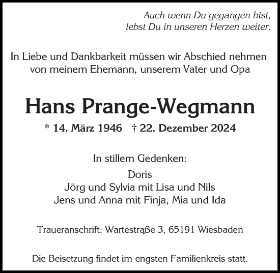 Traueranzeige von Hans Prange-Wegmann von Wiesbadener Kurier