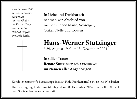 Traueranzeige von Hans-Werner Stutzinger von Wiesbadener Kurier