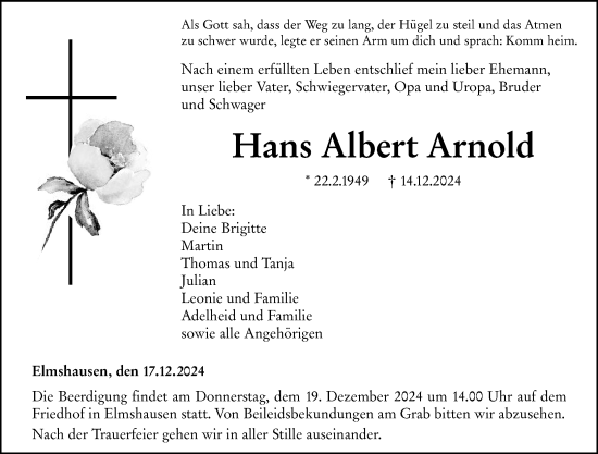 Traueranzeige von Hans Albert Arnold von Hinterländer Anzeiger