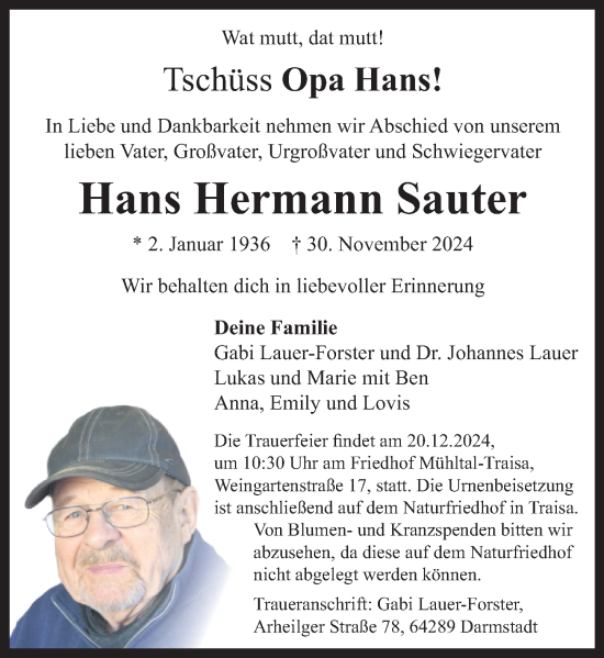 Traueranzeige von Hans Hermann Sauter von Darmstädter Echo