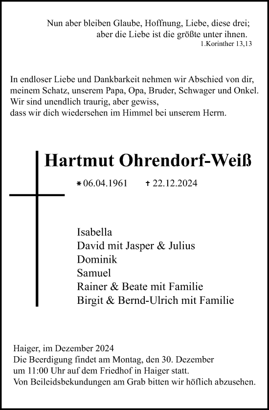 Traueranzeige von Hartmut Ohrendorf-Weiß von Dill Block