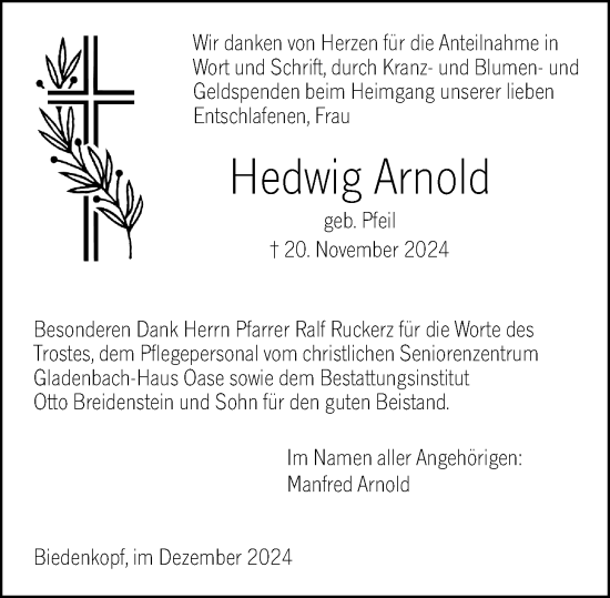 Traueranzeige von Hedwig Arnold von Hinterländer Anzeiger