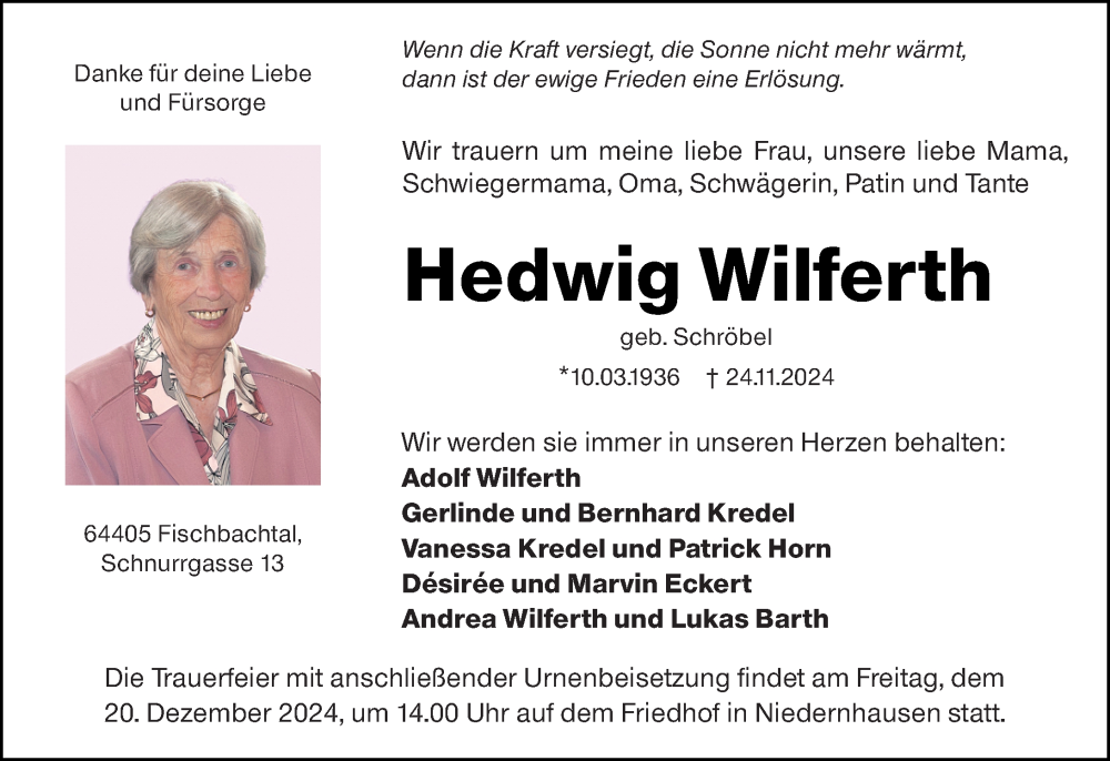  Traueranzeige für Hedwig Wilferth vom 14.12.2024 aus Darmstädter Echo