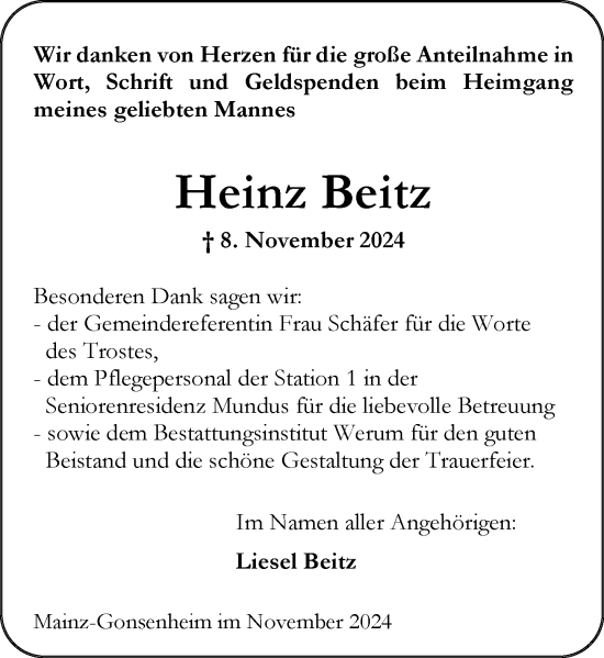 Traueranzeige von Heinz Beitz von Allgemeine Zeitung Mainz