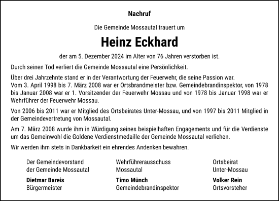 Traueranzeige von Heinz Eckhard von Odenwälder Echo