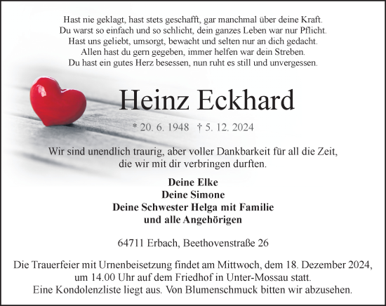 Traueranzeige von Heinz Eckhard von Odenwälder Echo