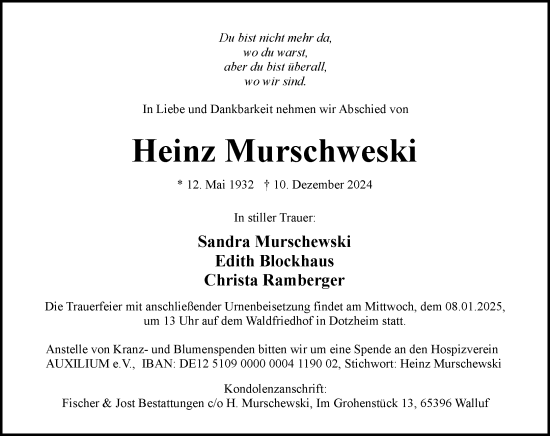 Traueranzeige von Heinz Murschewski von Wiesbadener Kurier