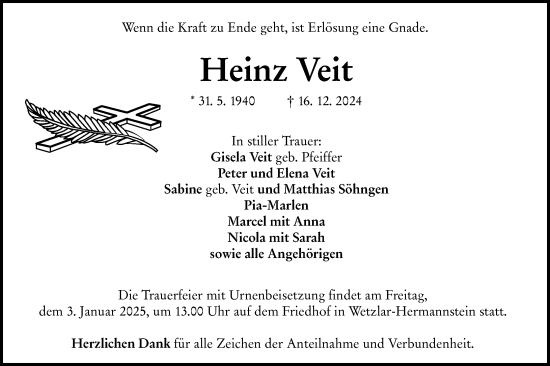 Traueranzeige von Heinz Veit von Wetzlarer Neue Zeitung