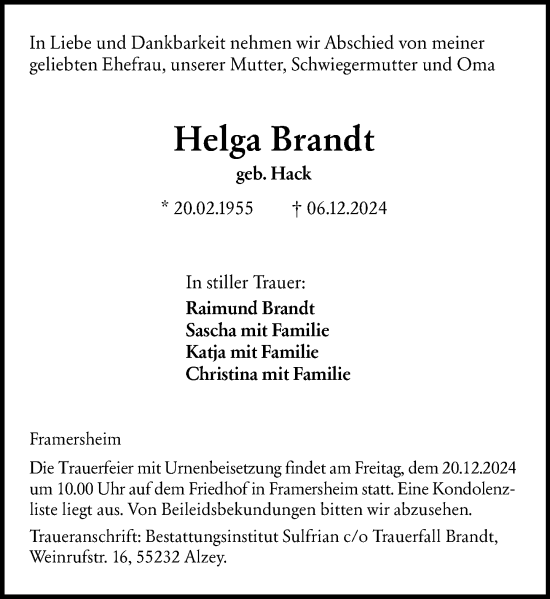 Traueranzeige von Helga Brandt von Allgemeine Zeitung Alzey