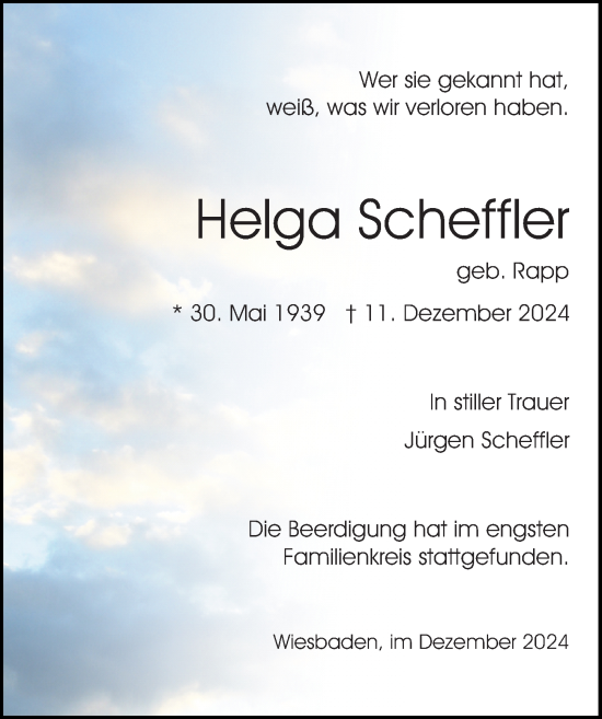 Traueranzeige von Helga Scheffler von Wiesbadener Kurier