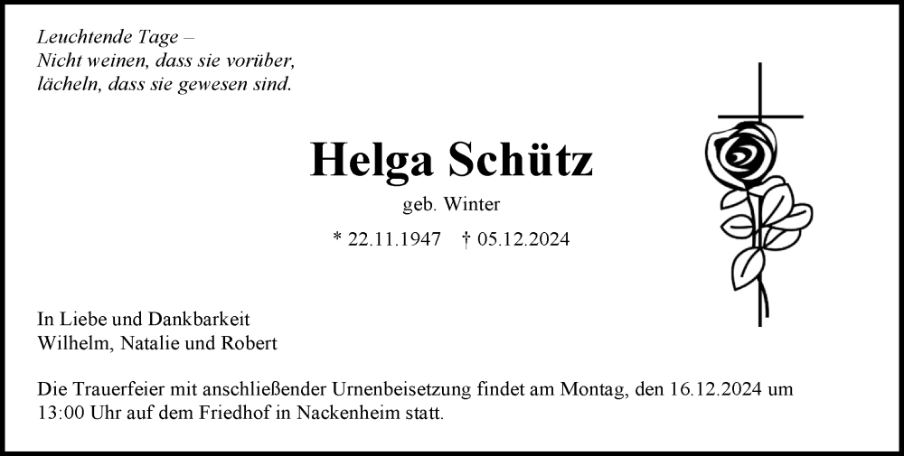  Traueranzeige für Helga Schütz vom 14.12.2024 aus Allgemeine Zeitung Mainz