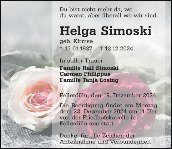 Traueranzeige von Helga Simoski von Dill Block