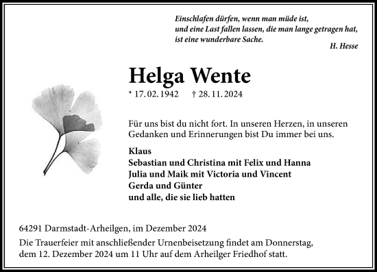 Traueranzeige von Helga Wente von Darmstädter Echo