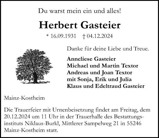 Traueranzeige von Herbert Gasteier von Wiesbadener Kurier