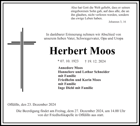 Traueranzeige von Herbert Moos von Dill Block