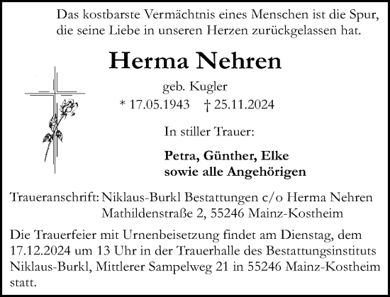 Traueranzeige von Herma Nehren von Allgemeine Zeitung Mainz