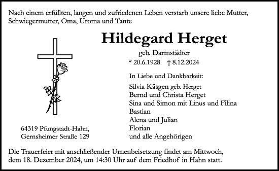 Traueranzeige von Hildegard Herget von Darmstädter Echo