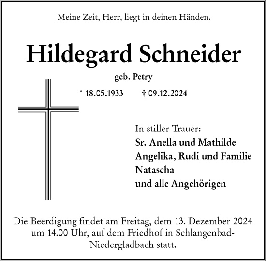 Traueranzeige von Hildegard Schneider von Wiesbadener Kurier