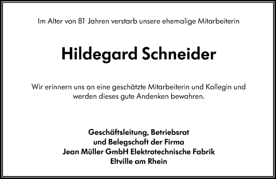 Traueranzeige von Hildegard Schneider von Rheingau Kurier