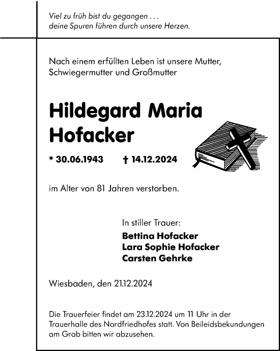 Traueranzeige von Hildegard Maria Hofacker von Wiesbadener Kurier