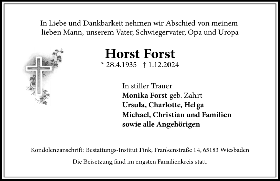 Traueranzeige von Horst Forst von Wiesbadener Kurier