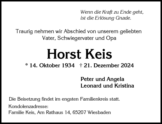 Traueranzeige von Horst Keis von Wiesbadener Kurier