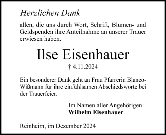 Traueranzeige von Ilse Eisenhauer von Darmstädter Echo