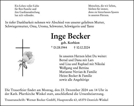 Traueranzeige von Inge Becker von Rheingau Kurier